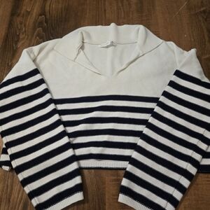 Altar'd State Cream and Navy V-Neck Sweater